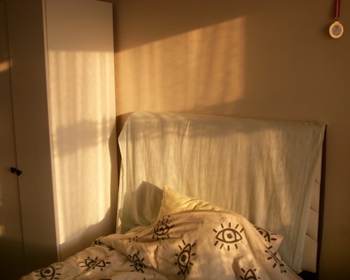 A person in comfortable clothing doing gentle morning yoga stretch in a sunlit room